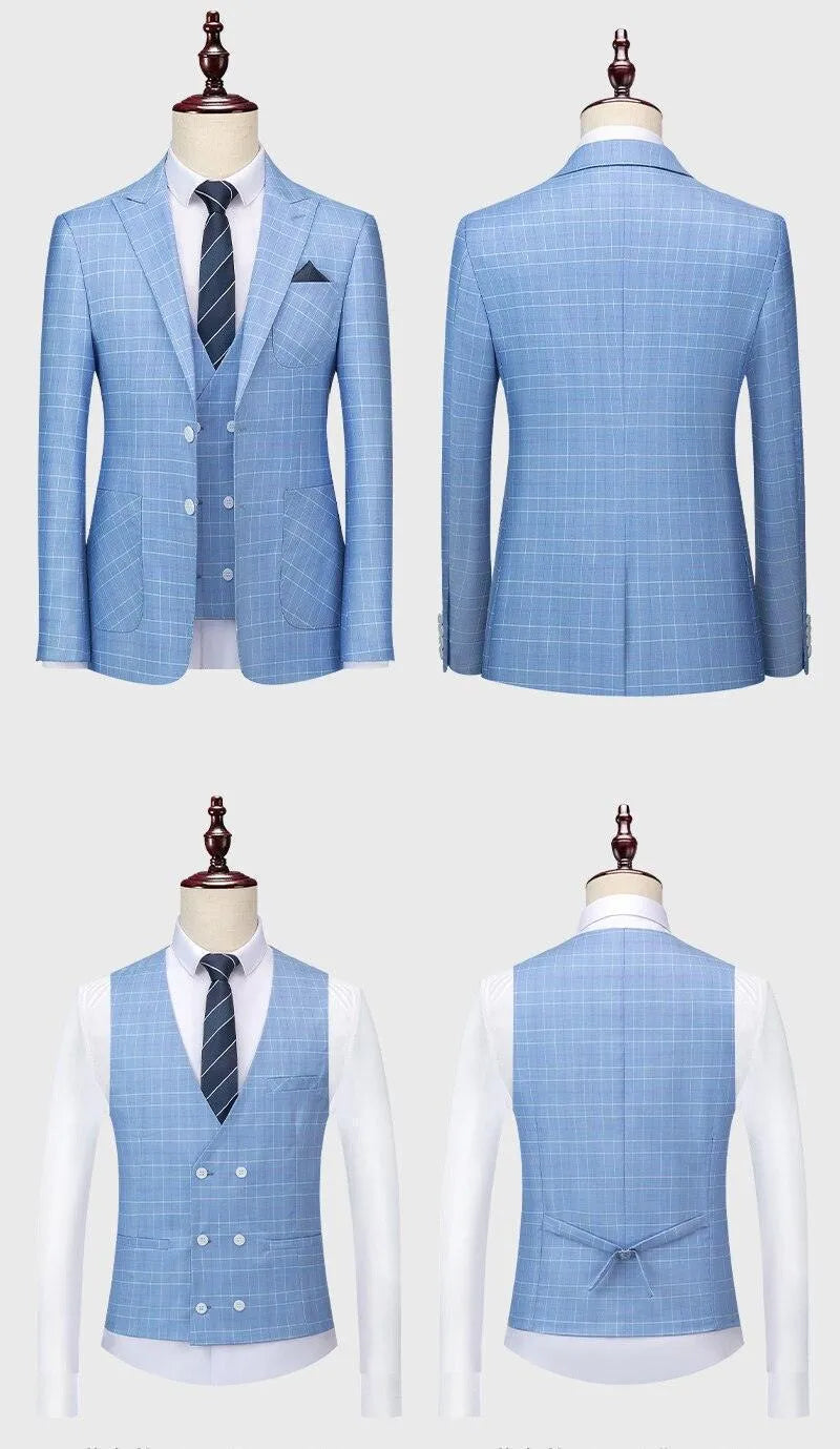 Light blue plaid men’s 3-piece suit with jacket and vest on mannequin, front and back view