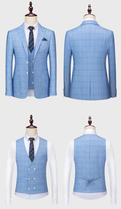 Light blue plaid men’s 3-piece suit with jacket and vest on mannequin, front and back view