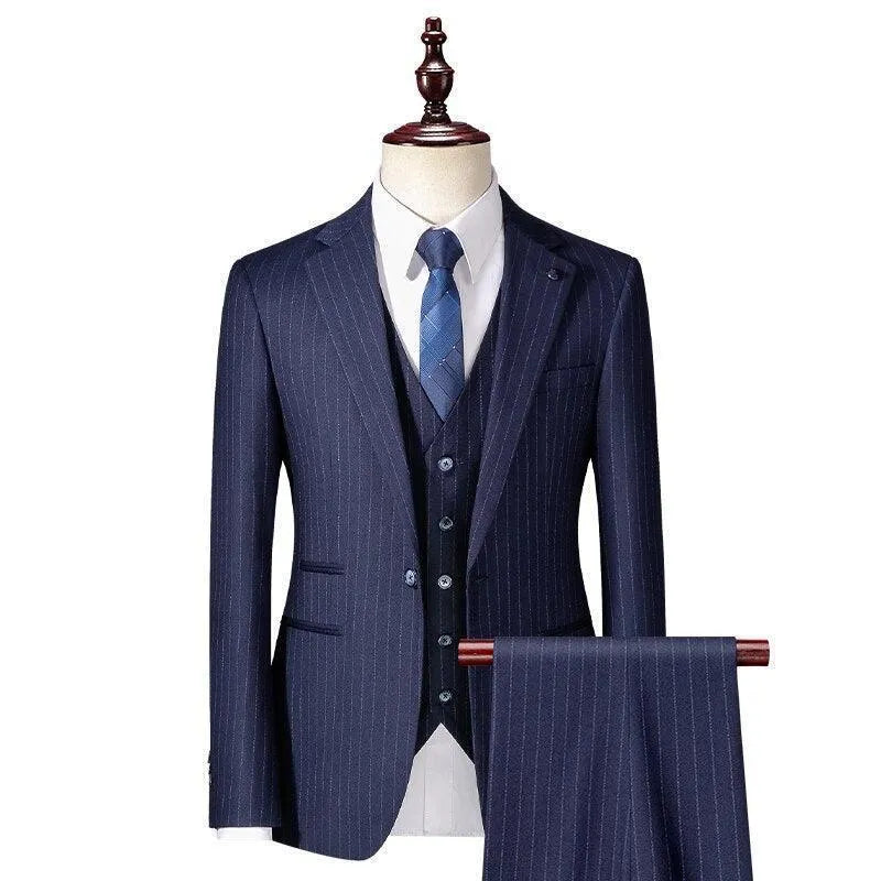 Navy blue striped men's 3-piece suit with tie displayed on mannequin