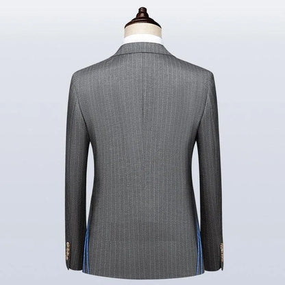 Back view of a gray pinstripe men's double-breasted suit jacket on mannequin