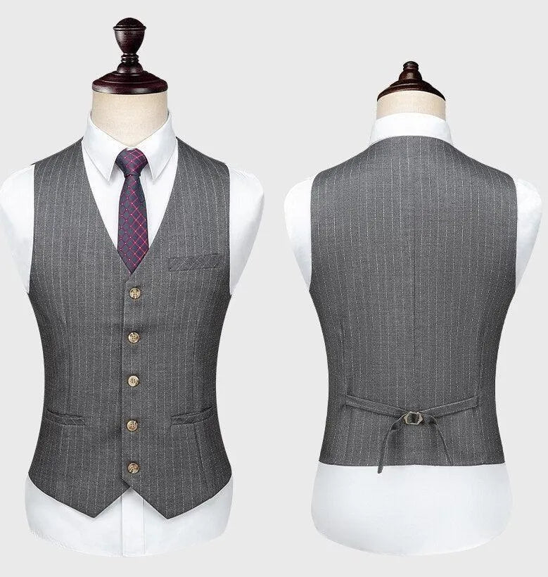 Men's grey pinstripe suit vest front and back on mannequins, formal business attire