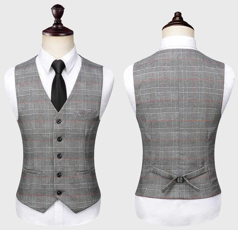 Men's gray plaid suit vest front and back on mannequin, formalwear fashion