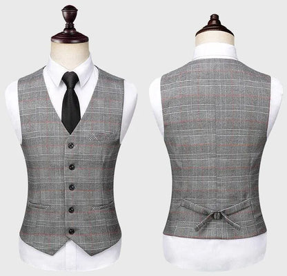 Men's gray plaid suit vest front and back on mannequin, formalwear fashion
