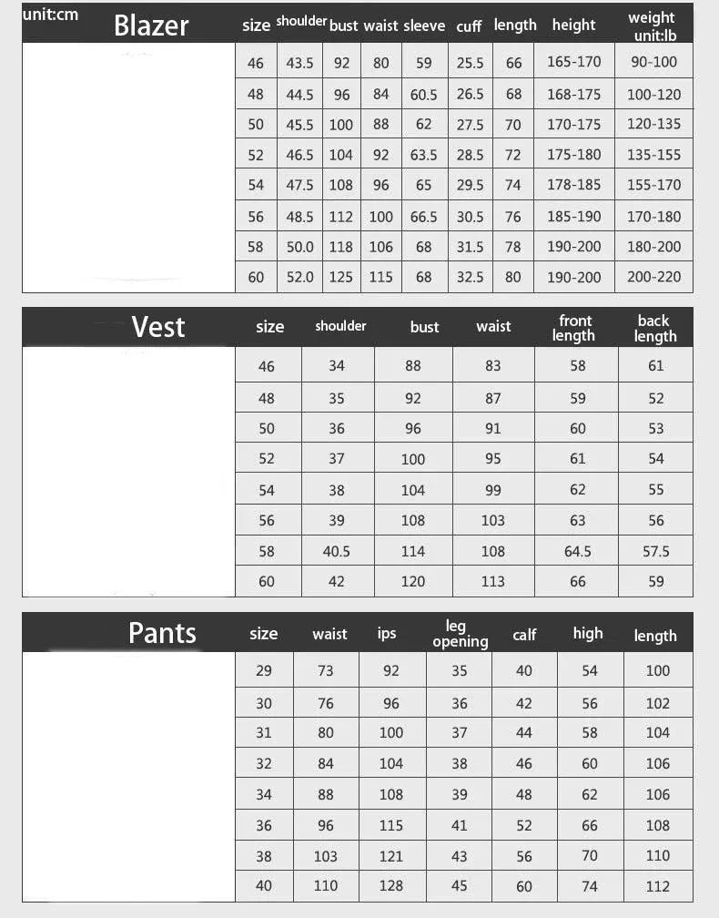 Men's suit size chart with blazer, vest, and pants measurements in cm and lbs.