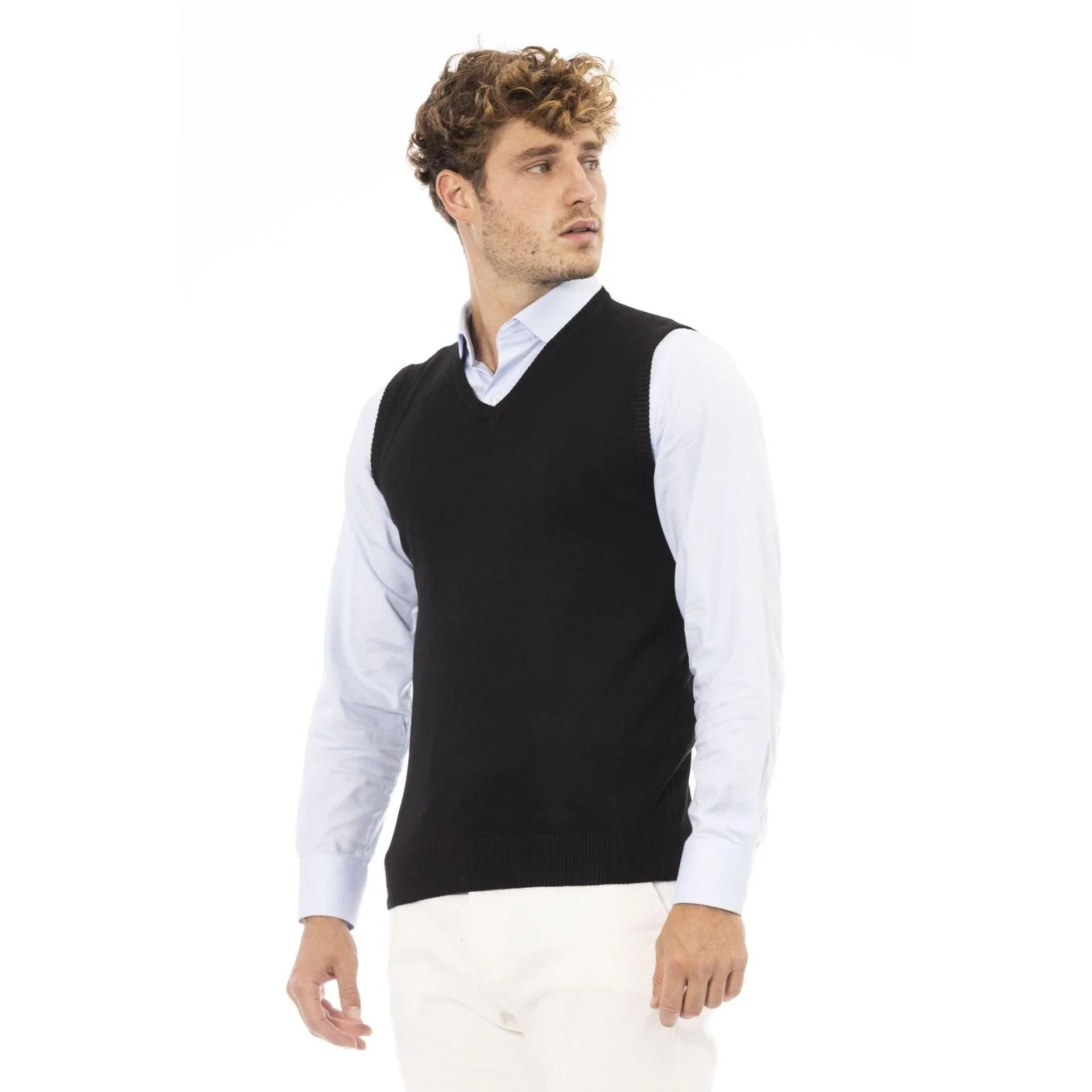 Men Sweater Vest - Lightweight - V-Neck Black -Guocali