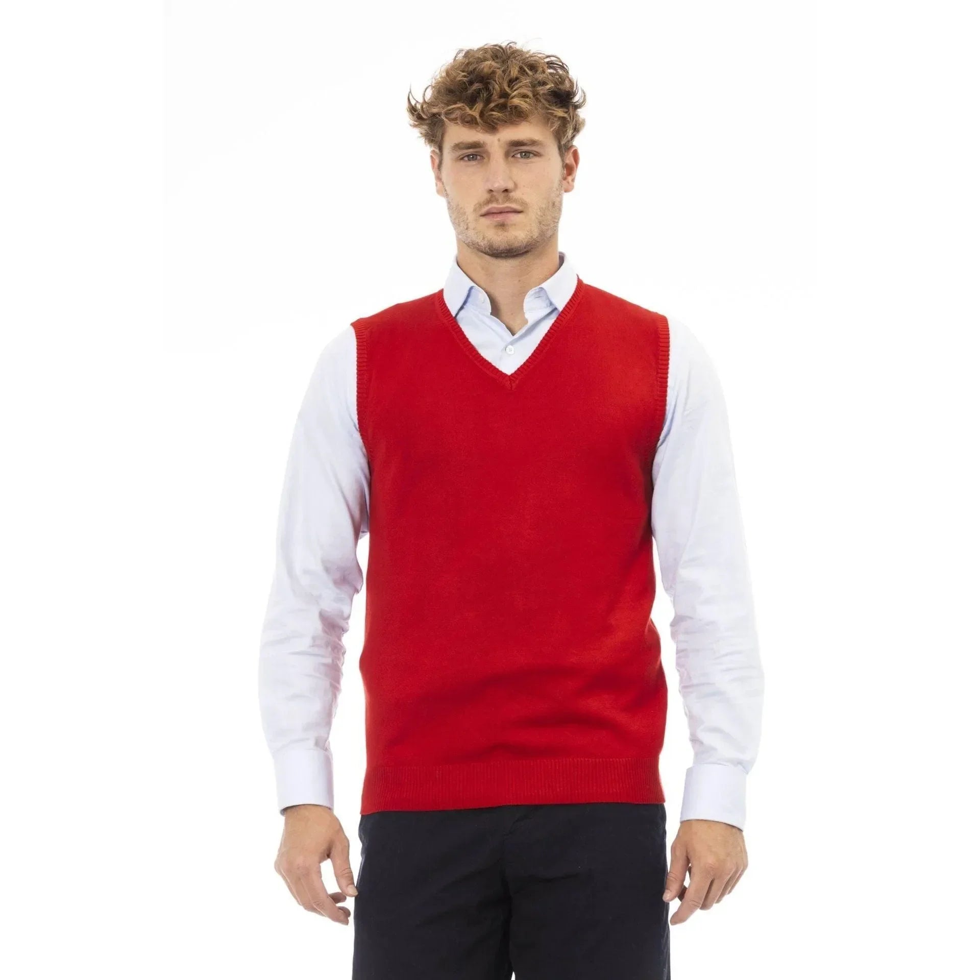 Men Sweater Vest - Lightweight - V-Neck Red -Guocali