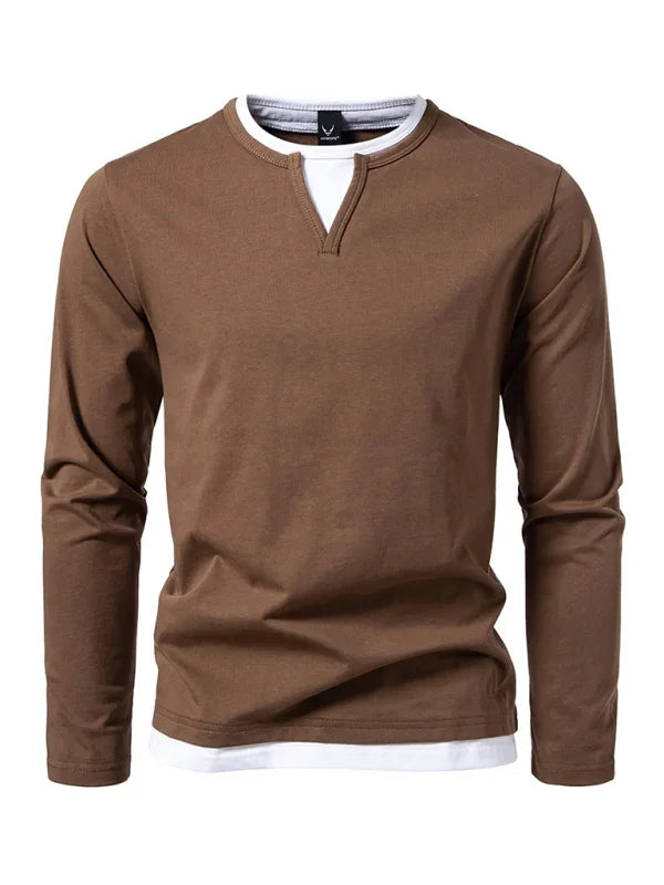 Men V-Neck Long-Sleeves T-Shirt – Stretchable - Gray, White -Guocali