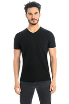 Men V-Neck Short-Sleeves T-Shirt – Stretchable - Black -Guocali