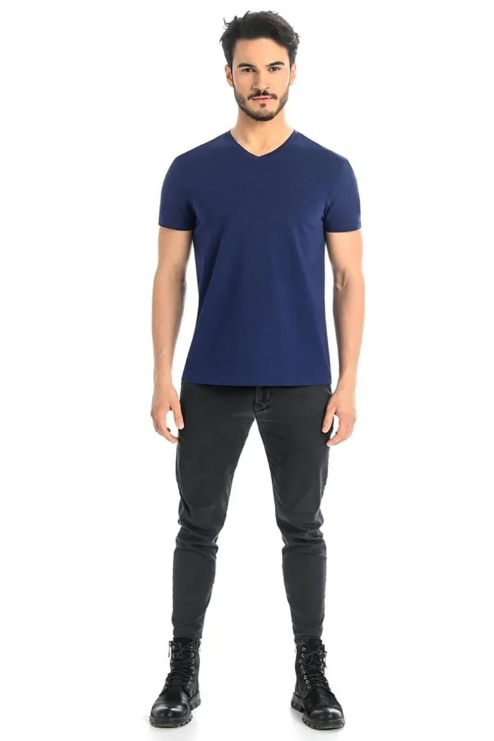 Men V-Neck Short-Sleeves T-Shirt – Stretchable - Navy, Blue -Guocali
