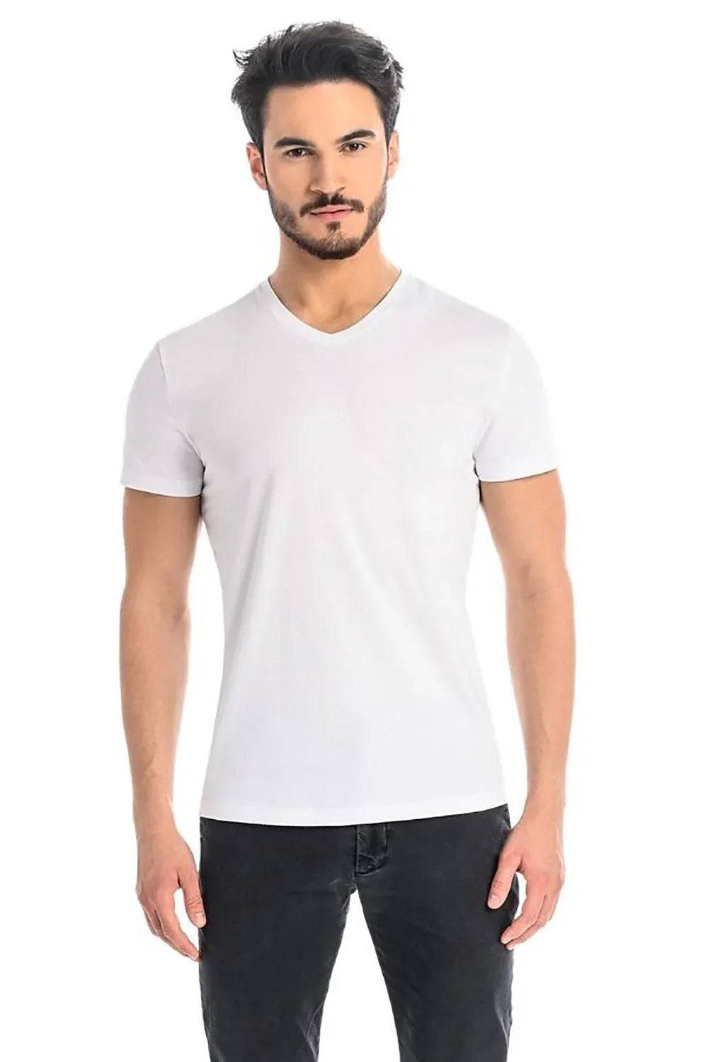 Men V-Neck Short-Sleeves T-Shirt – Stretchable - White -Guocali