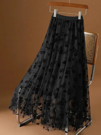 Mesh Skirt High Waisted A-Line -Guocali