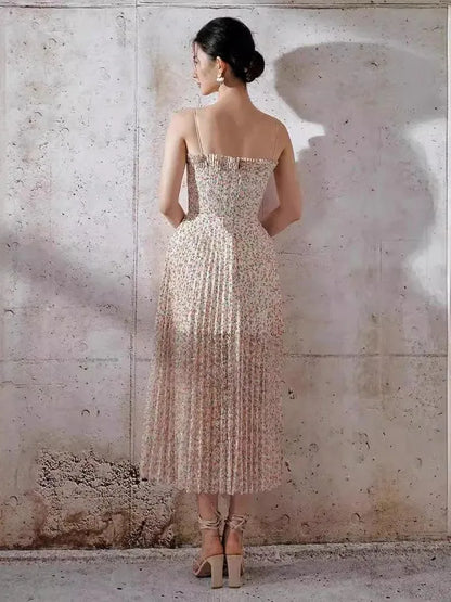 Mid-Length Pleated Print Waist Dress -Guocali