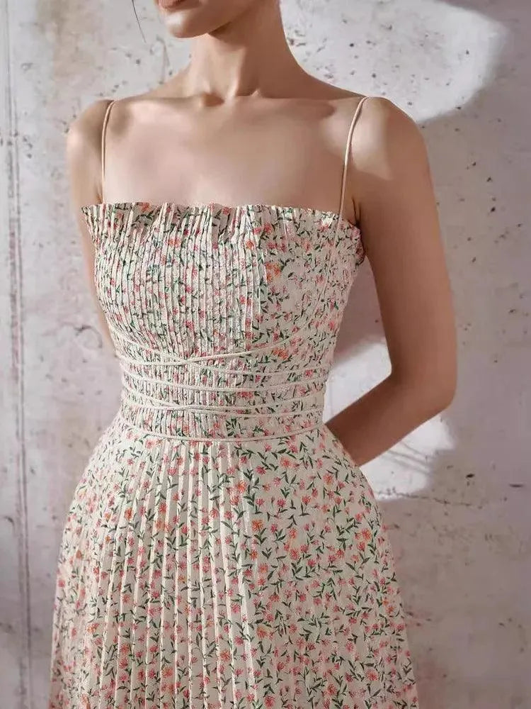 Mid-Length Pleated Print Waist Dress -Guocali