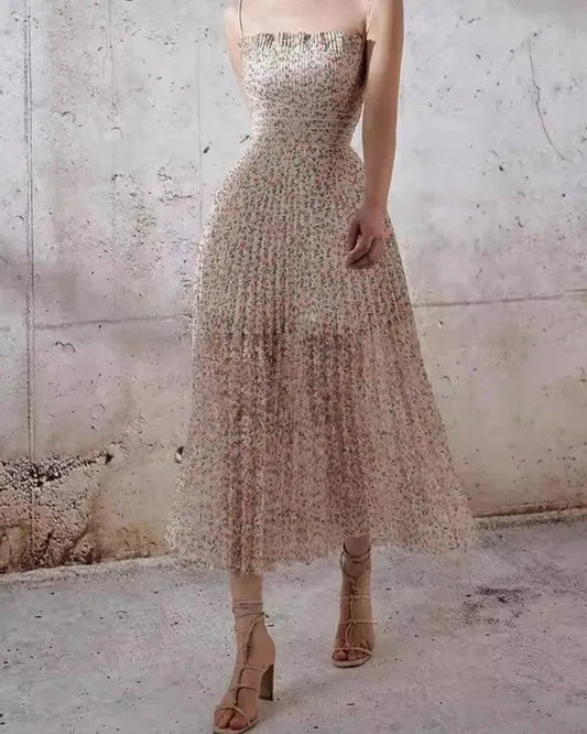 Mid-Length Pleated Print Waist Dress -Guocali