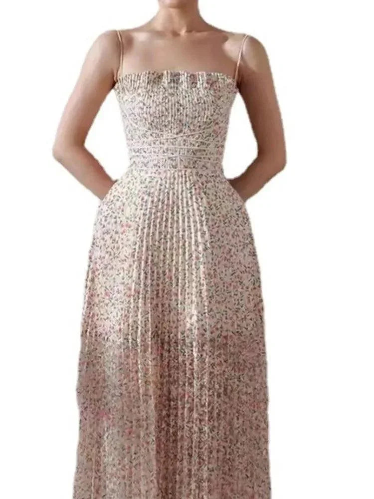 Mid-Length Pleated Print Waist Dress -Guocali