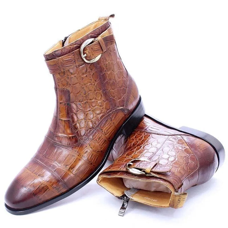 Brown leather men's ankle boots with crocodile pattern and buckle detail