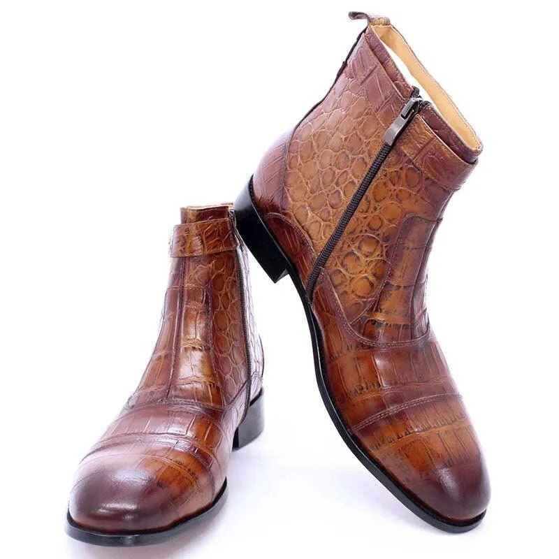 Brown leather men's ankle boots with crocodile texture and side zipper on white background