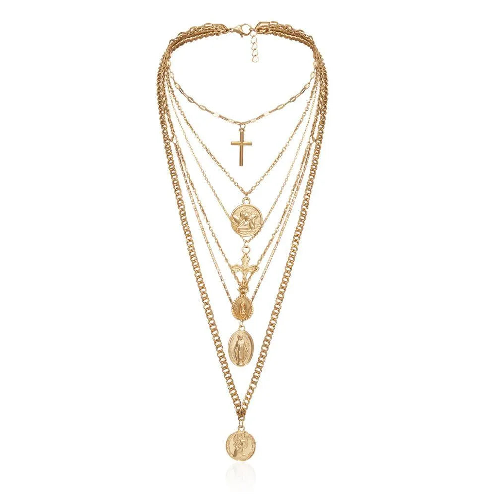 Multi-Layer Pendant Necklace - Cross and Virgin Mary -Guocali