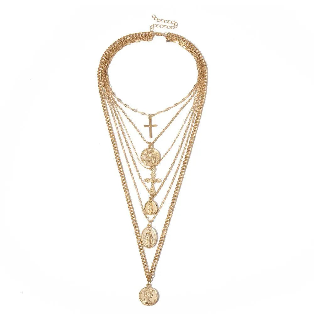 Multi-Layer Pendant Necklace - Cross and Virgin Mary -Guocali