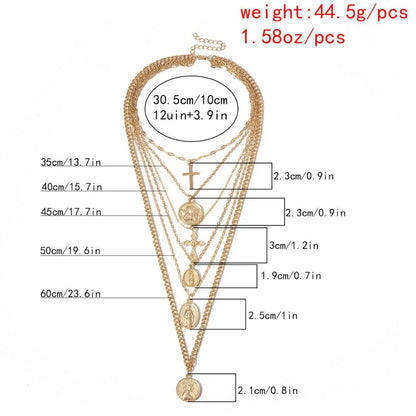 Multi-Layer Pendant Necklace - Cross and Virgin Mary -Guocali