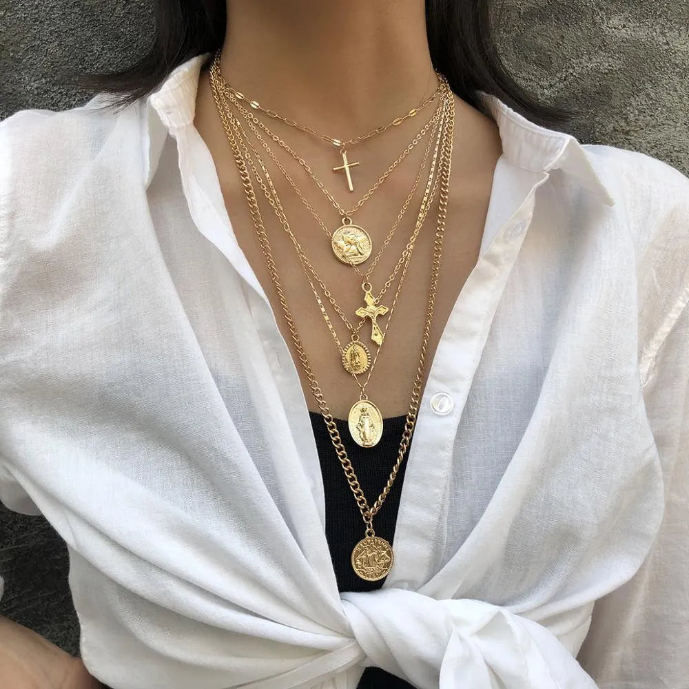 Multi-Layer Pendant Necklace - Cross and Virgin Mary -Guocali