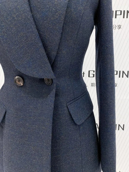 Navy Blue Double-Breasted Pant Suit - Woolen Trouser suit -Guocali