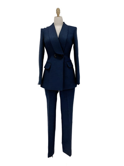 Navy Blue Double-Breasted Pant Suit - Woolen Trouser suit - Pantsuit - Guocali