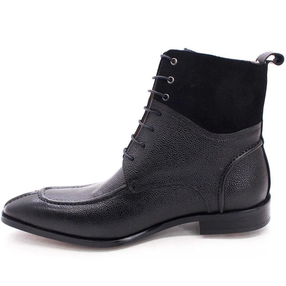 Black leather lace-up ankle boot with textured finish and suede upper section