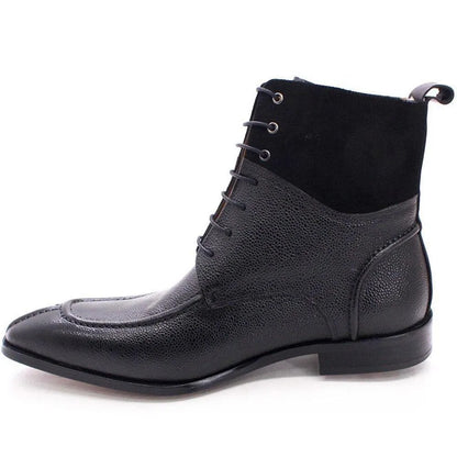 Black leather lace-up ankle boot with textured finish and suede upper section