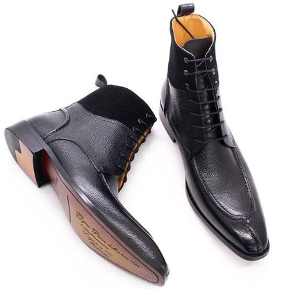 Black leather lace-up ankle boots with textured finish and tan lining on white background