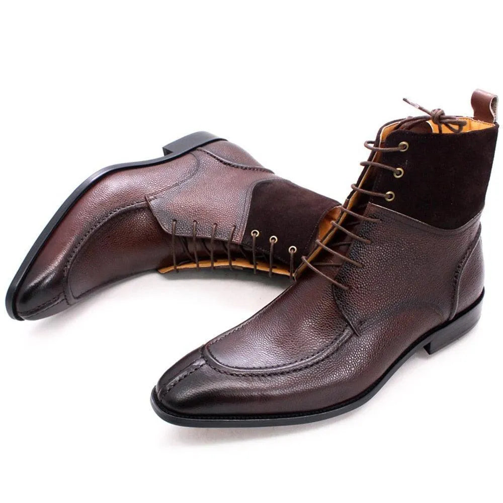 Brown leather lace-up ankle boots with textured finish and suede upper panel