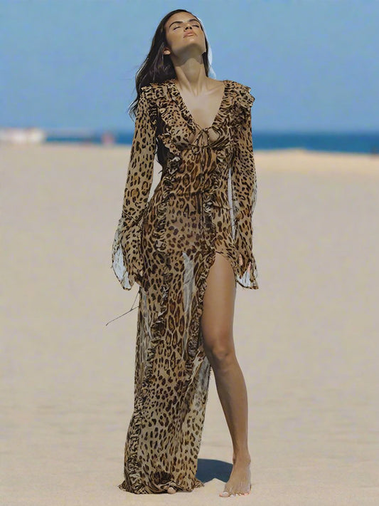 New Sexy Leopard Print Long Skirt With Ruffled Front Slit and Long Sleeves - - Guocali