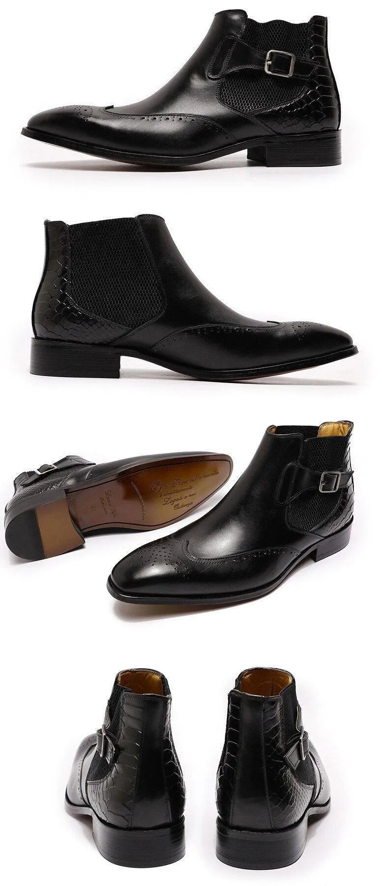 Black leather slip-on ankle dress boots with buckle and textured side panels, formal footwear