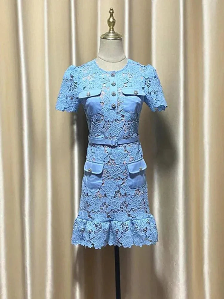 O-Neck Lace Button Party Dress -Guocali