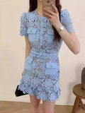 O-Neck Lace Button Party Dress -Guocali