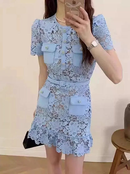 O-Neck Lace Button Party Dress -Guocali