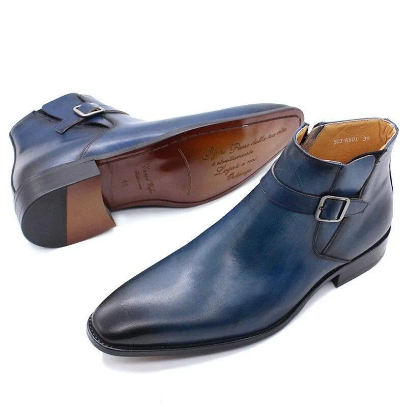 Men's blue leather ankle boots with side buckle and brown leather sole