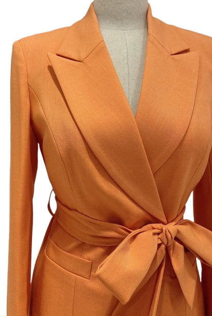 Orange Women Pant Suit - Wide Leg Belted Trouser Suit -Guocali