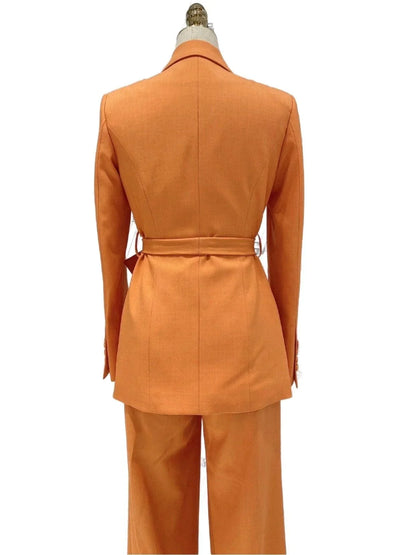 Orange Women Pant Suit - Wide Leg Belted Trouser Suit -Guocali