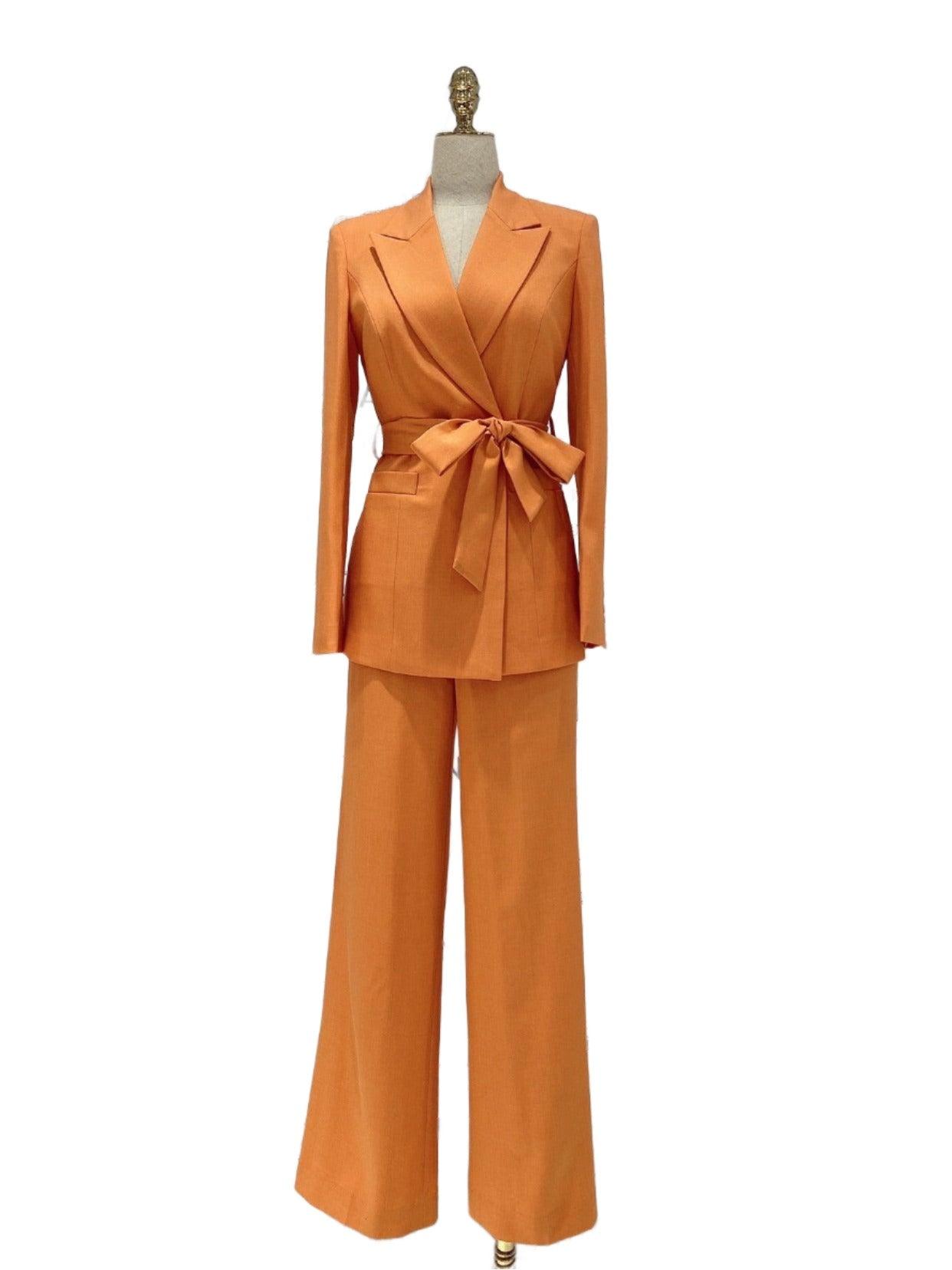 Orange Women Pant Suit - Wide Leg Belted Trouser Suit - Pantsuit - Guocali