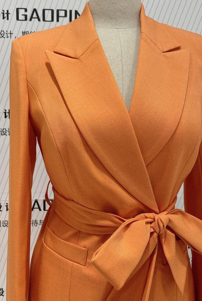 Orange Women Pant Suit - Wide Leg Belted Trouser Suit - Pantsuit - Guocali