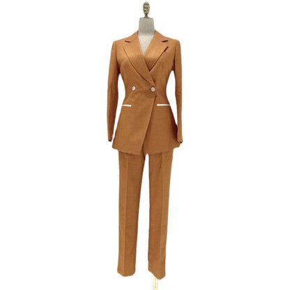 Orange Women Trouser Suit - Double Breasted Pantsuit -Guocali