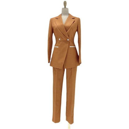 Orange Women Trouser Suit - Double Breasted Pantsuit - Pantsuit - Guocali