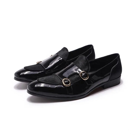 men monk strap shoes - patent leather, leather, rubber