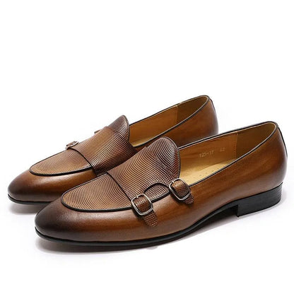 Patina Leather Monk Strap Loafers - Loafer Shoes - Guocali