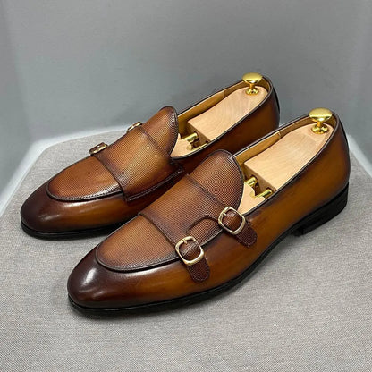 Patina Leather Monk Strap Loafers - Loafer Shoes - Guocali