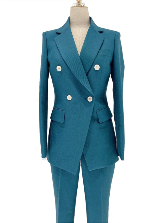 Peacock Blue Pant Suit - Women Two-Piece Trouser Suit -Guocali