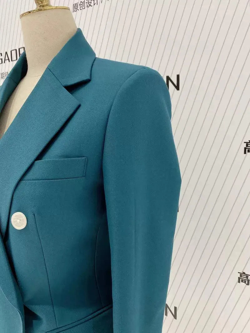 Peacock Blue Pant Suit - Women Two-Piece Trouser Suit -Guocali