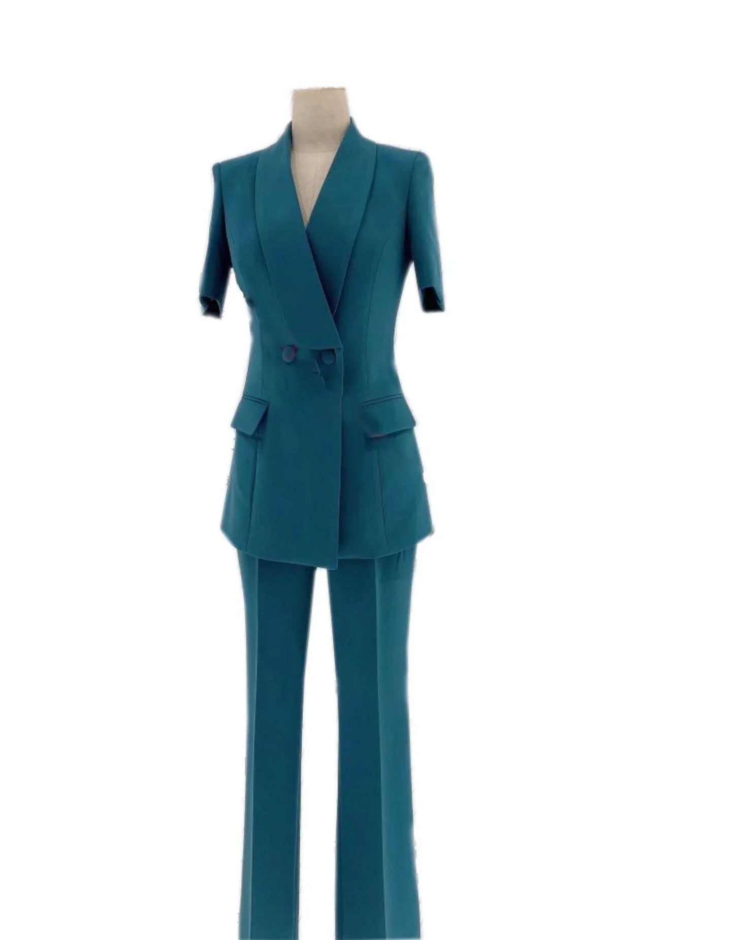 Peacock blue short-sleeved women's pantsuit with blazer and trousers on mannequin