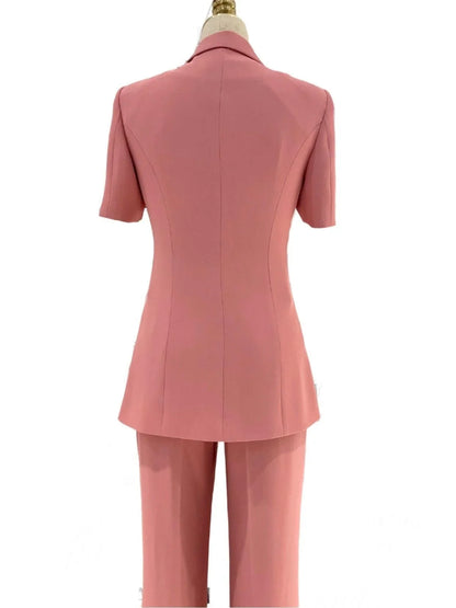 Pink Short-Sleeved Women Pant Suit, Thin Fabric Wide-Leg Pants -Guocali